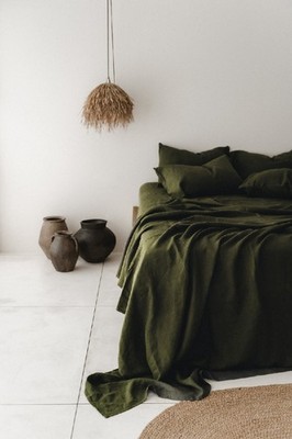 Dark Green Linen Sheets Set,100% French Washed Linen 4 Piece Bed Sheets Set