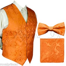 ORANGE Paisley Vest Waistcoat  Bow tie Hanky Formal Wedding Prom Tuxedo Suit