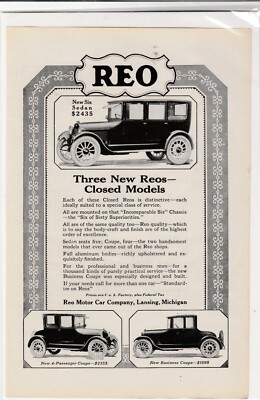 Original 1922 REO Magazine Ad 'Three New Reos - Closed Models'