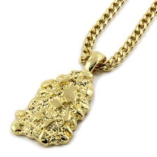 Mens 14K Gold Plated Nugget Pendant Hip-Hop 3mm/30" Cuban Chain