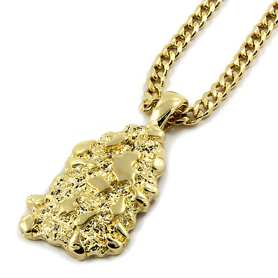 Mens 14K Gold Plated Nugget Pendant Hip-Hop 3mm/30'' Cuban Chain
