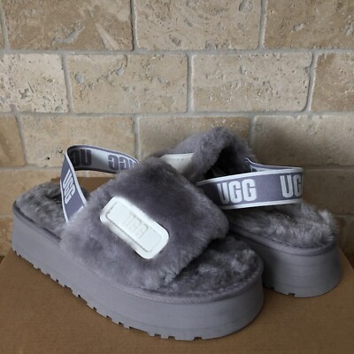 UGG DISCO SLIDE AMETHYST SHEEPSKIN FLUFF PLATFORM SANDALS SLIPPERS