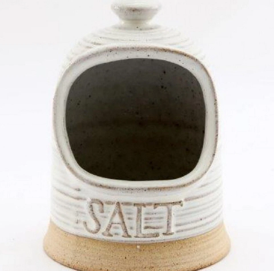 SIFCON Natural Stoneware Ribbed Salt Pig Caddy Cellar Salt Jar Holder Pot - White