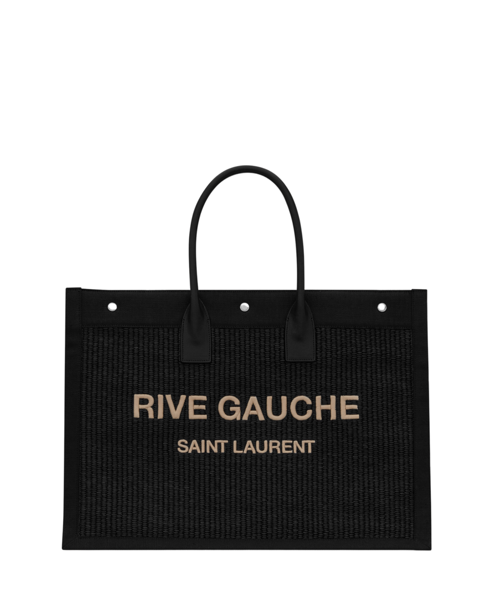 SAINT LAURENT Rive Gauche Large $2100 Black Raffia Tote Bag New