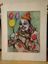 Vtg Original Clown Painting OOAK Artwork Pastel Crayon Parchment Balloon Circus