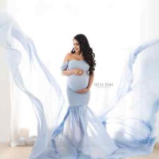 Blue Maternity Dress Photo Shoot Gown Off Shoulder Photography Maxi Long M-L-XL