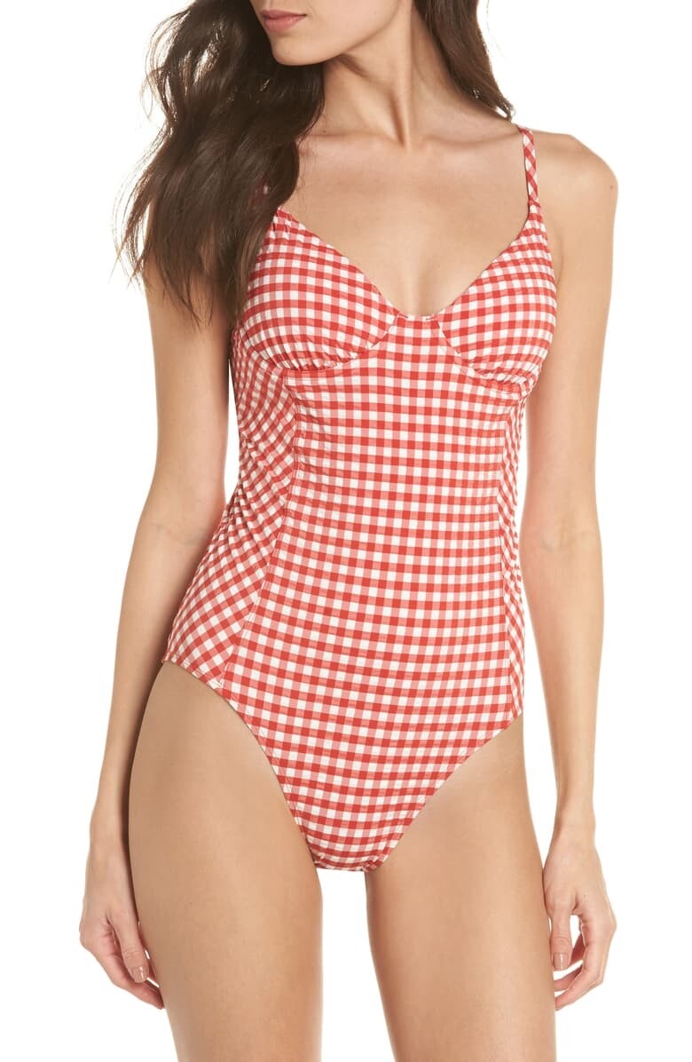 Tory Burch Gingham Print Check One-piece Swimsuit Red White