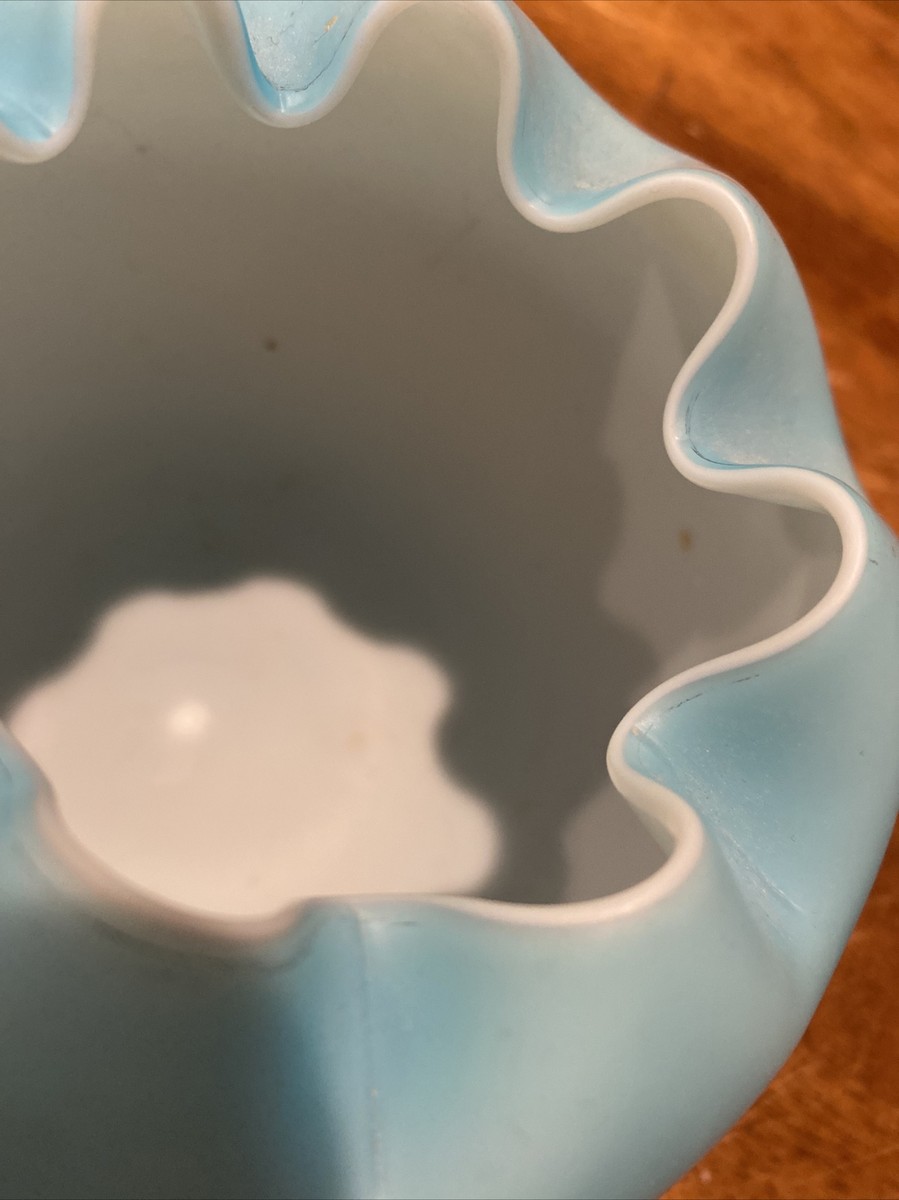 Blue Cased Satin Glass Crimped Rose Bowl Vase Victorian ground