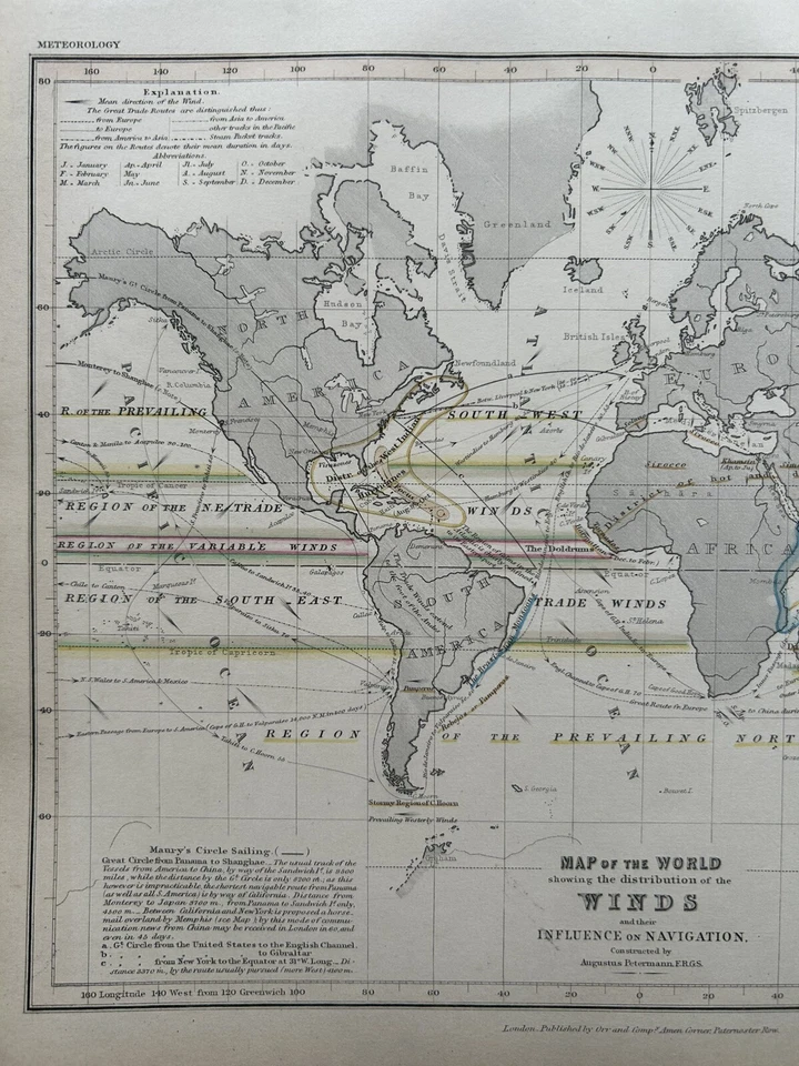 Carta de distribución de vientos del mundo de 1850 mapa coloreado a mano por Augustus Petermann Foto 2 de 3