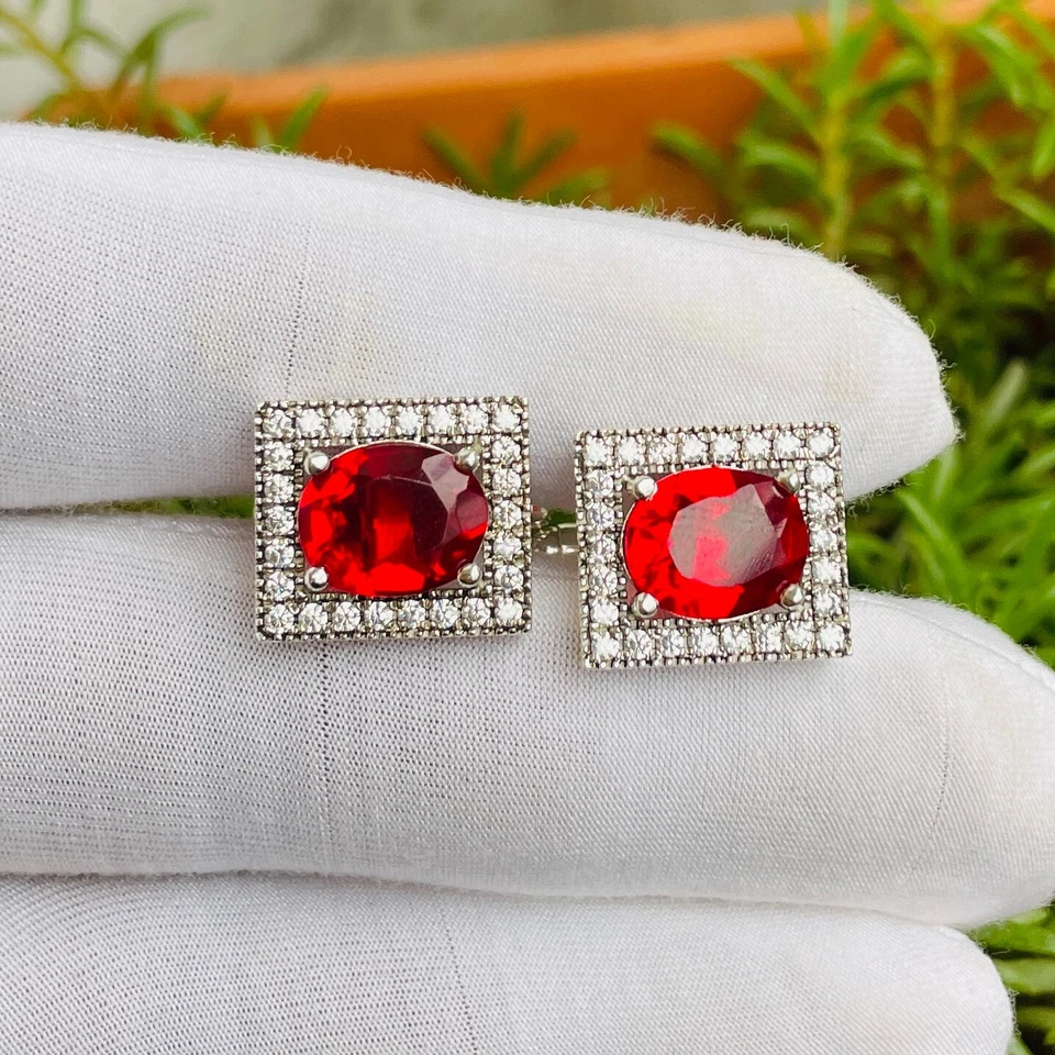 Luxurious Red Ruby & CZ Halo Square Cufflinks – Silver Tone Formal Jewelry - Image 2 of 4
