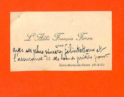 SAINT-MARTIN-DU-TERTRE (95) ABBOT FRANÇOIS FÉRON / MANUSCRIPT CDV / 1928
