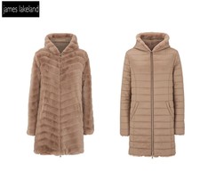James Lakeland Reversible Faux Fur Hooded Coat - Size 16 Taupe "brand New Tags"