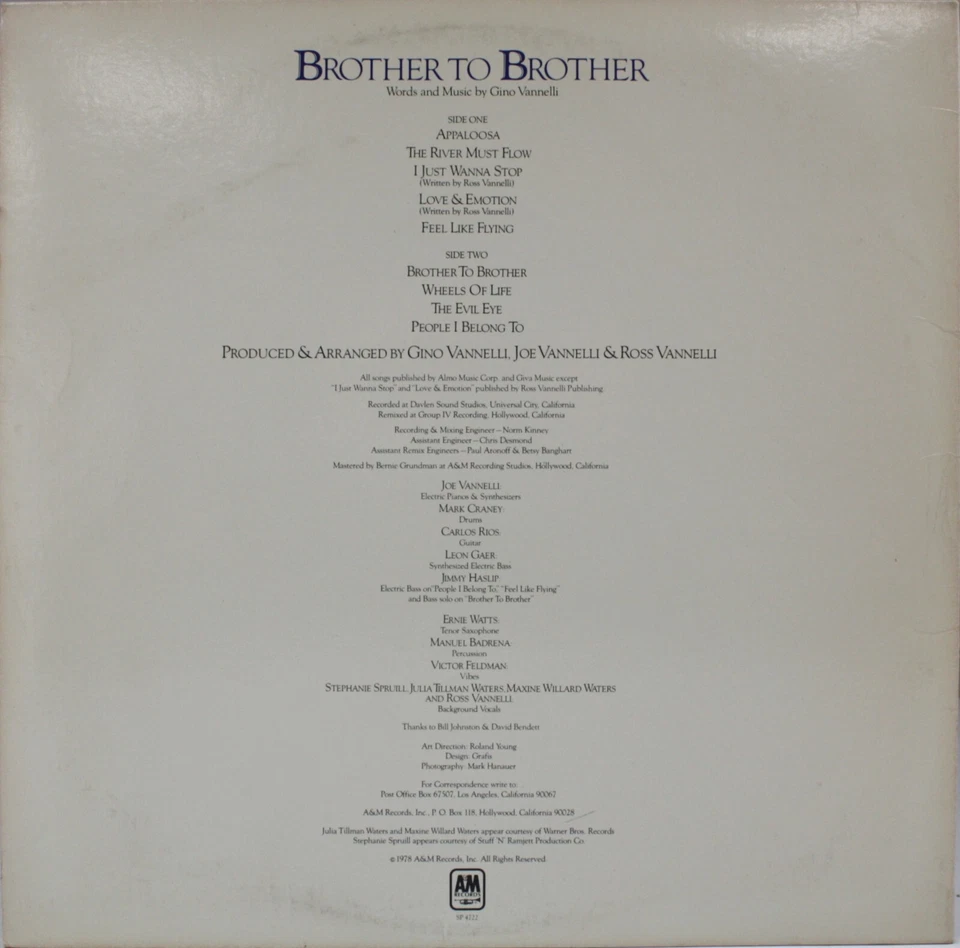 GINO VANNELLI Brother To Brother USED 1978 LP Pop Rock Vinyl Record A&M-4722 - Image 2 of 2