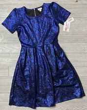 NWT Lularoe Medium Elegant Amelia Dress Royal Metallic Blue Black Foiled Holiday