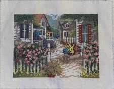 Completed Cross Stitch Village Garden Gate Vintage Finished Unframed