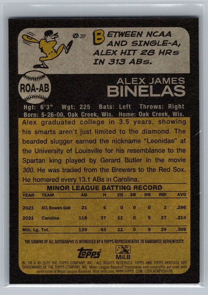 2022 Topps Heritage Minors Alex Binelas Real One Auto #ROA-AB Red Sox - Image 2 of 2