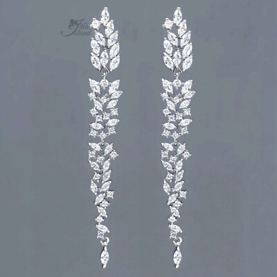 Long Dangle earrings Clear Cubic Zirconia White Gold Plated Elegant Women Silver