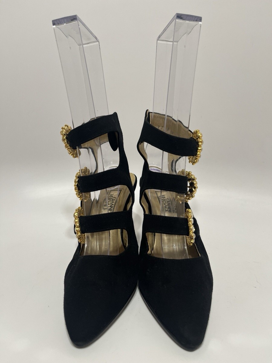 Vtg Gianni Versace 90s Black Suede Leather Gold Crystal Logo Heels