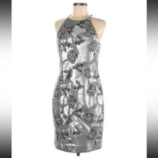 NWT CALVIN KLEIN SILVER SEQUIN FLORAL FITTED HALTER PARTY COCKTAIL MIDI DRESS 14
