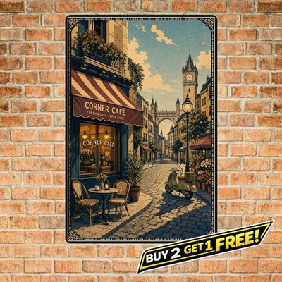 Cozy Corner Cafe Glow European Street Scene Metal Tin Sign 8x12