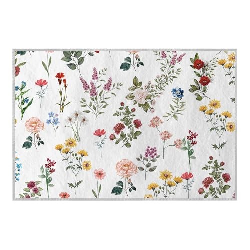 Wild Flowers Daisy Spring Area Rug, Summer Home Decor Low-Profile Washable