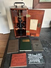 1900s Bausch  Lomb Brass Monocular Scientific Microscope  Wood Case W Key