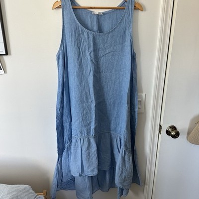 NEW COLLECTION 100% LINO LINEN HIGH LOW DRESS MADE IN ITALY BLUE *SMALL STAIN*