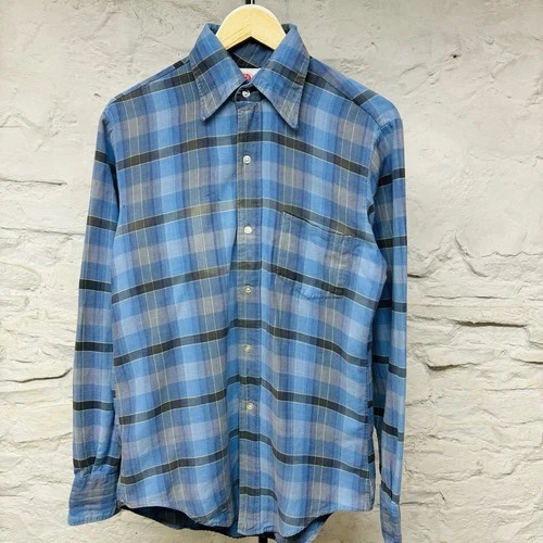 Sears Kings Road Lightweight 100% Cotton Flannel Shirt Blue Plaid Vintage 70s