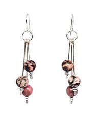 Handmade Pink and Black Rhodonite Gemstone Beads Silver Chandelier Boho Earrings