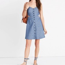 Madewell Denim Chambray Blue Cutout Button Midi Dress Spaghetti Strap Size 2