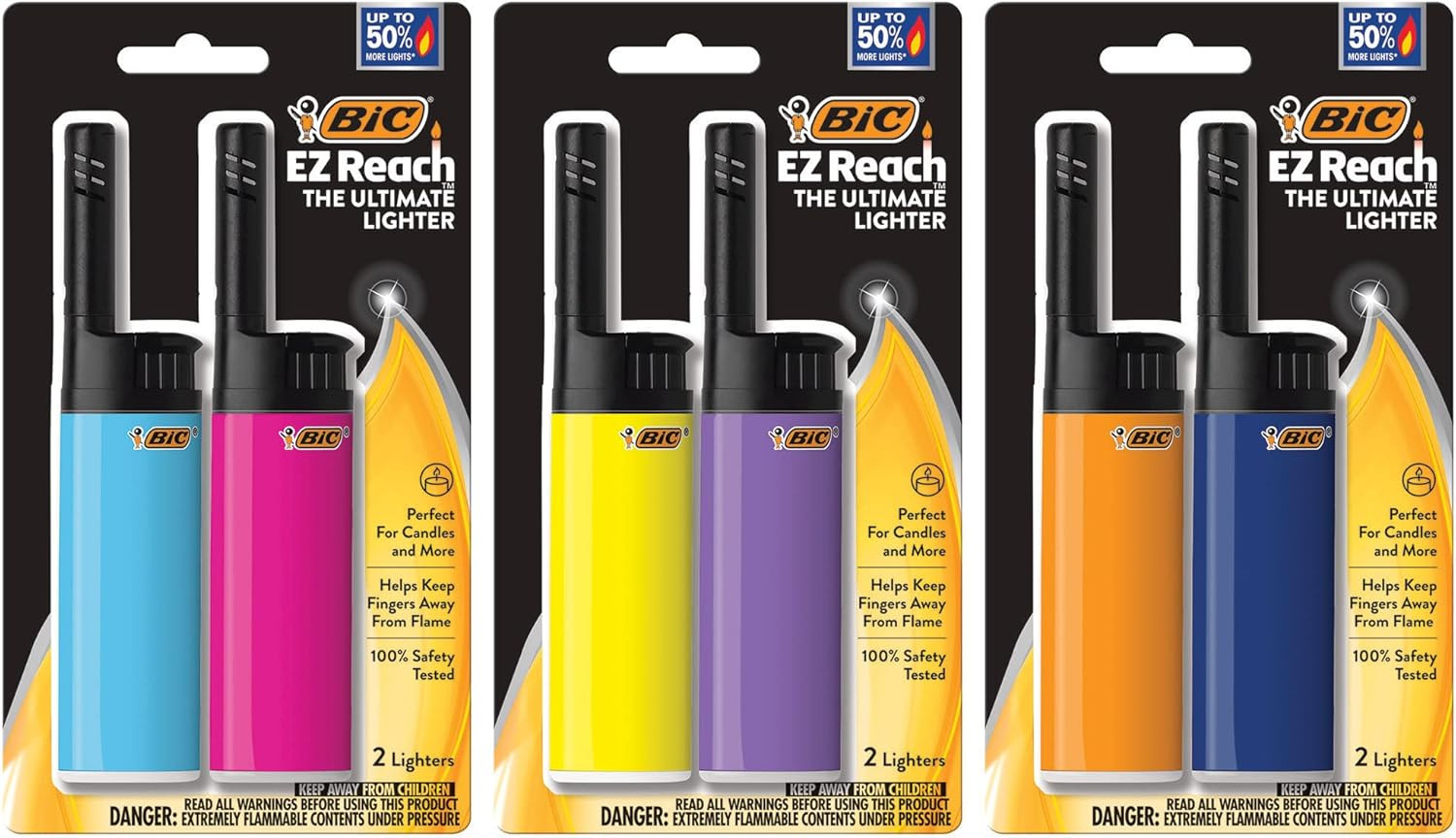 S, Short Lighter With Extended Wand, Assorted Colors, 6-pack