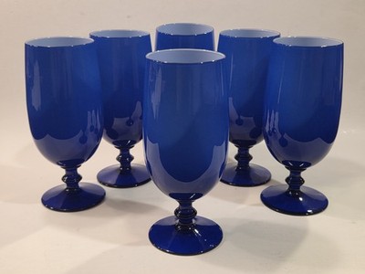 Set of 6 Vintage Carlo Moretti Blue Cased Water Wine Glass Goblets FREE SHIP 2A