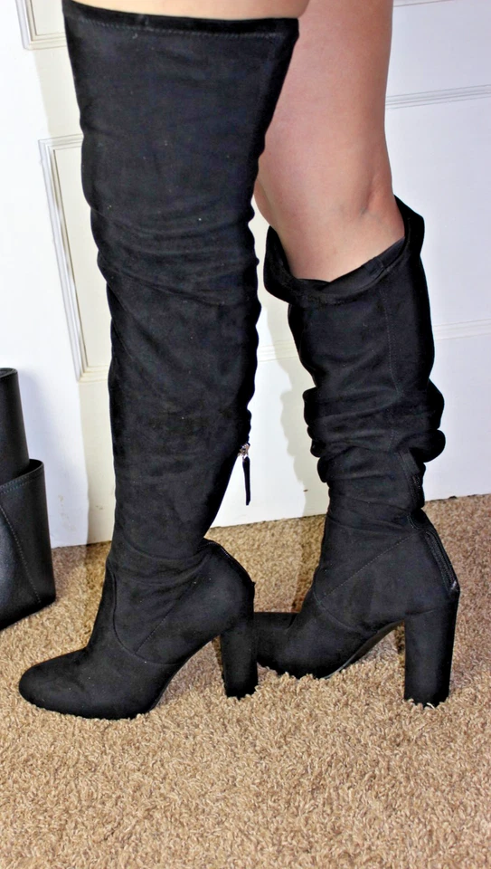 Steve Madden Emotions Botas Negras Sobre la Rodilla Talla 9M Tacones de Gamuza Veganos Foto 3 de 4