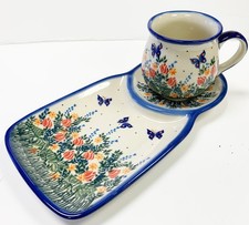 Polish Art Pottery Lunch Plate w Mug Cup Orange Butterfly's Flowers Signed