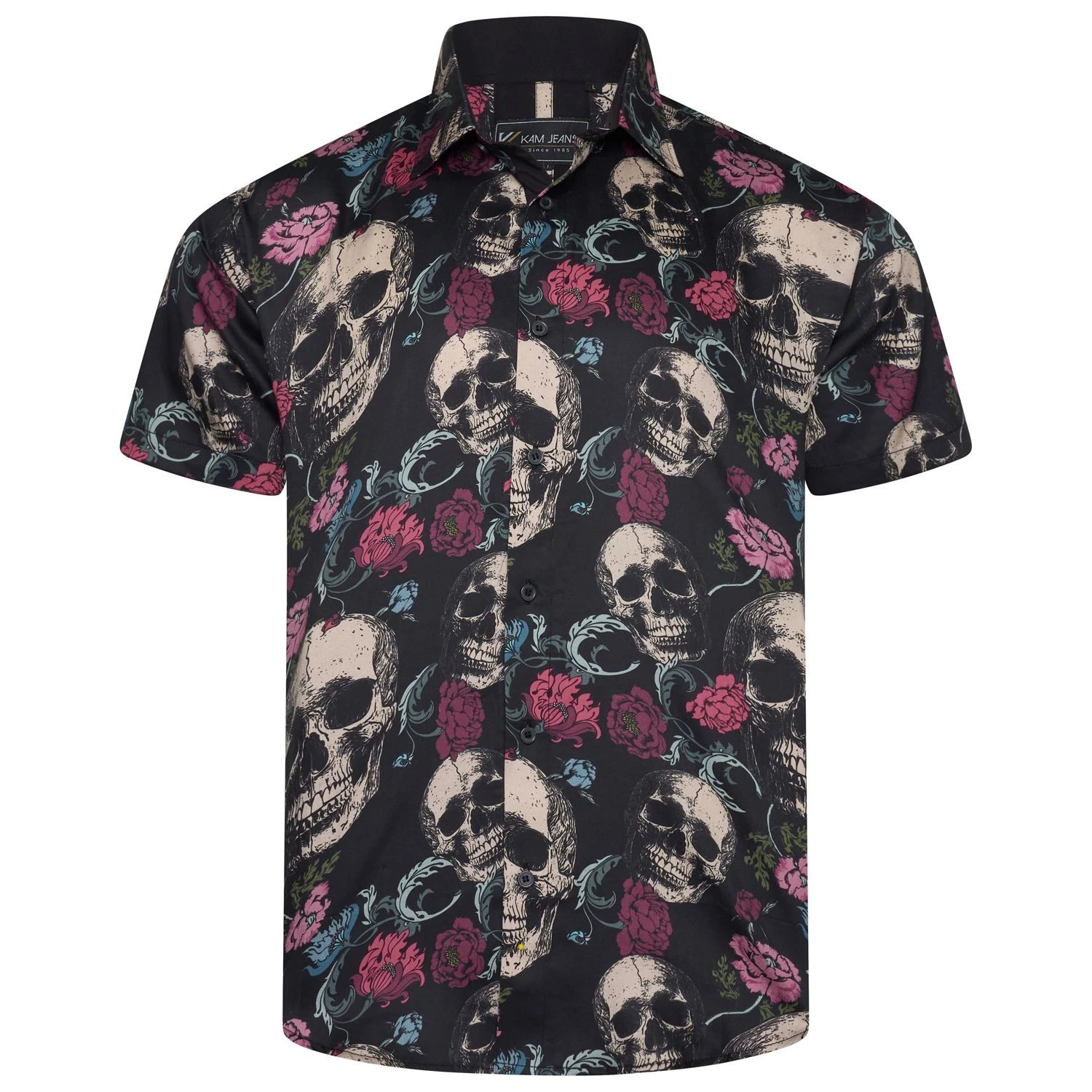 KAM Short Sleeve Floral Skull Print Shirt For Men in Black, 2XL-8XL
