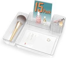 15Pcs Clear Plastic Drawer Organizers Set, 4size makeup drawer organizer trays
