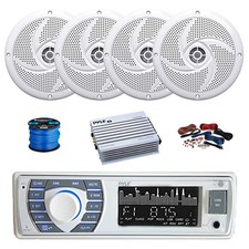 Pyle BT Marine MP3 Stereo Receiver, Amp w/Kit, 4X 5.25" 180W White Speakers,Wire