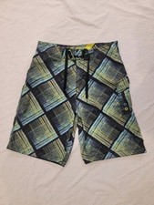 Oakley Board Shorts Men 33 Plaid Geometric Surf Swim Trunks Y2K W/ Wax Comb