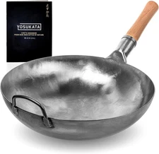 YOSUKATA 14” Round Bottom Carbon Steel Woks and Stir Fry Pans – 14", Silver 