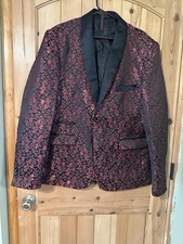 Men's Black/Red Jacquard Tuxedo Blazer Satin Shawl Lapel 2-Button XXL