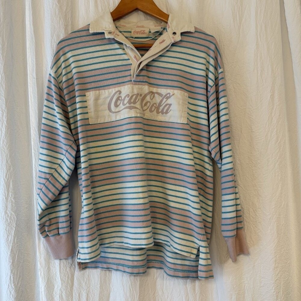 Vintage Coca-Cola Womens Polo Shirt Size Medium Long Sleeve Rugby Pink Stripes