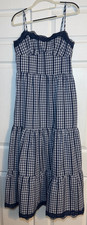 Cider Blue White Gingham Tiered Maxi Dress Lace Trim Smocked Size M New