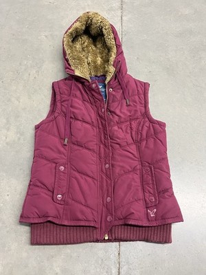 American Eagle Burgundy Puffer Vest Faux Fur Hood Y2K Womens Small