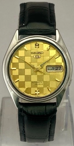 Vintage Luxury Automatic Seiko5 Golden Dial 7009 with "D/D" Watch Leather Strap