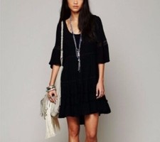 Free People Dream Cloud Black Mini Dress Boho Lace Tiered Bell Sleeve S 277385