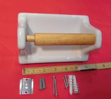 Glossy White: Clip-On-Wall Toilet Paper Holder + wood roller, Holds Jumbo Rolls