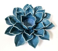 NEW PORCELAIN HANDMADE BLUE LOTUS FLOWER SHAPED TEALIGHT,CANDLE HOLDER-7" WIDE