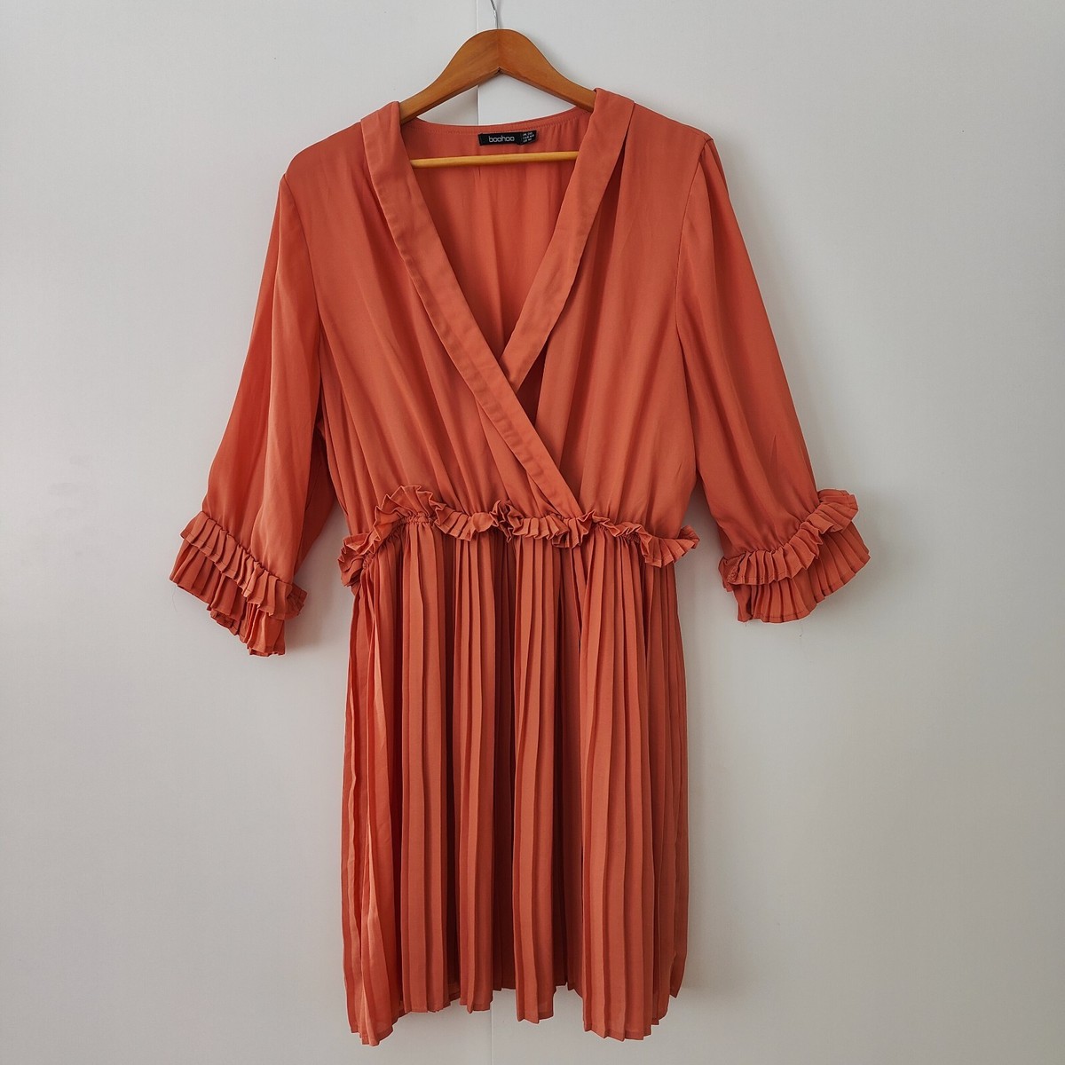 Boohoo Skater Wrap V-Neck Mini Ruffle Pleated Dress Orange/Coral