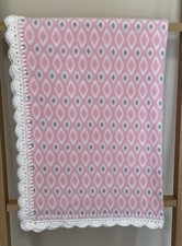 New Handmade Pink Diamonds Fleece Baby Toddler Blanket with Crochet Edging