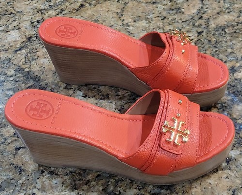 Tory Burch Gold Logo Elina Orange Leather Wedge Slides Sandals Womens Shoes 10 - Picture 6 of 13